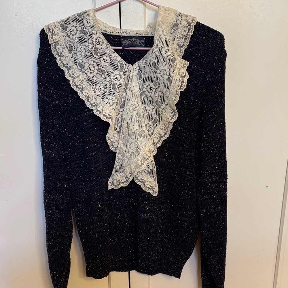 Herman Geist women’s navy blue Sweater with Cream Lace